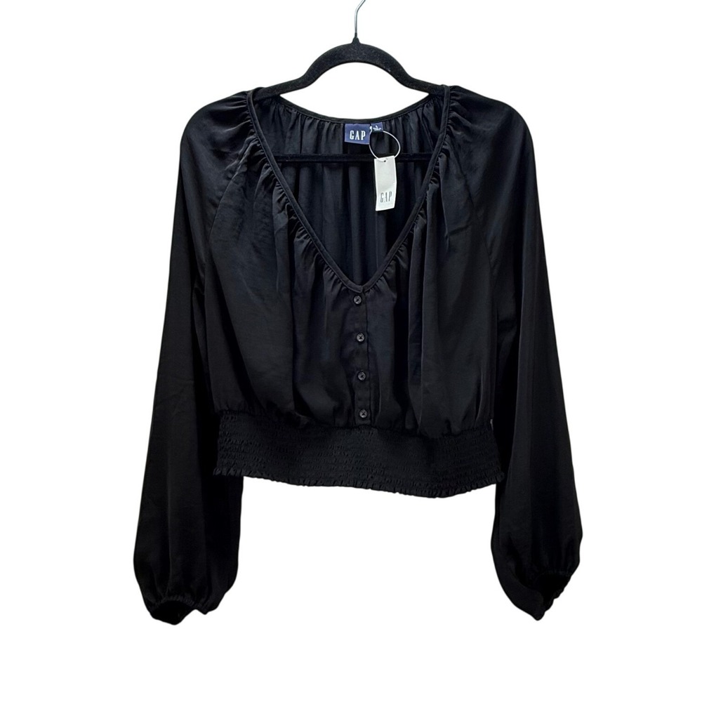New Gap Blouse Size L Black Smocked Waist Button Front V-Neck Long Sleeve Staple